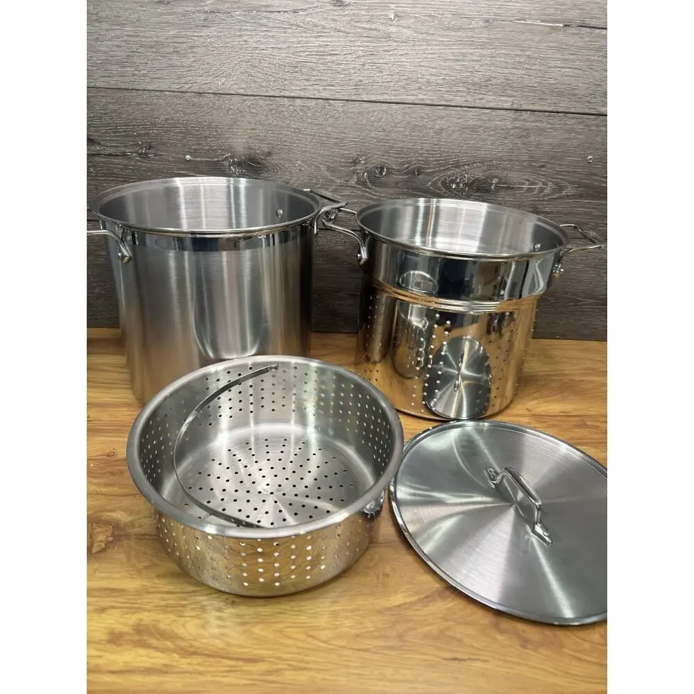 ALL CLAD Stainless Steel 12 Qt Stock Pot Pasta Pentola Strainer Steamer ~4 Pc